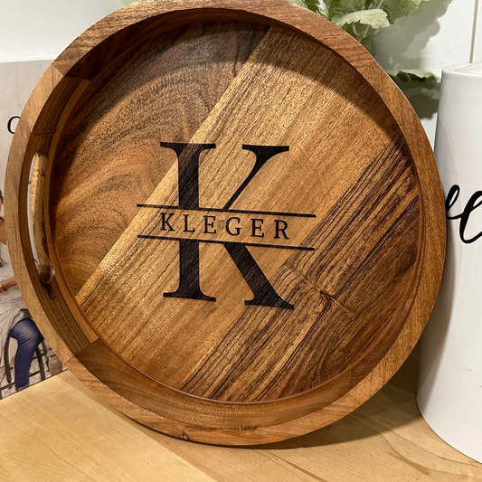 Personalizable Wooden Round Tray with Handles